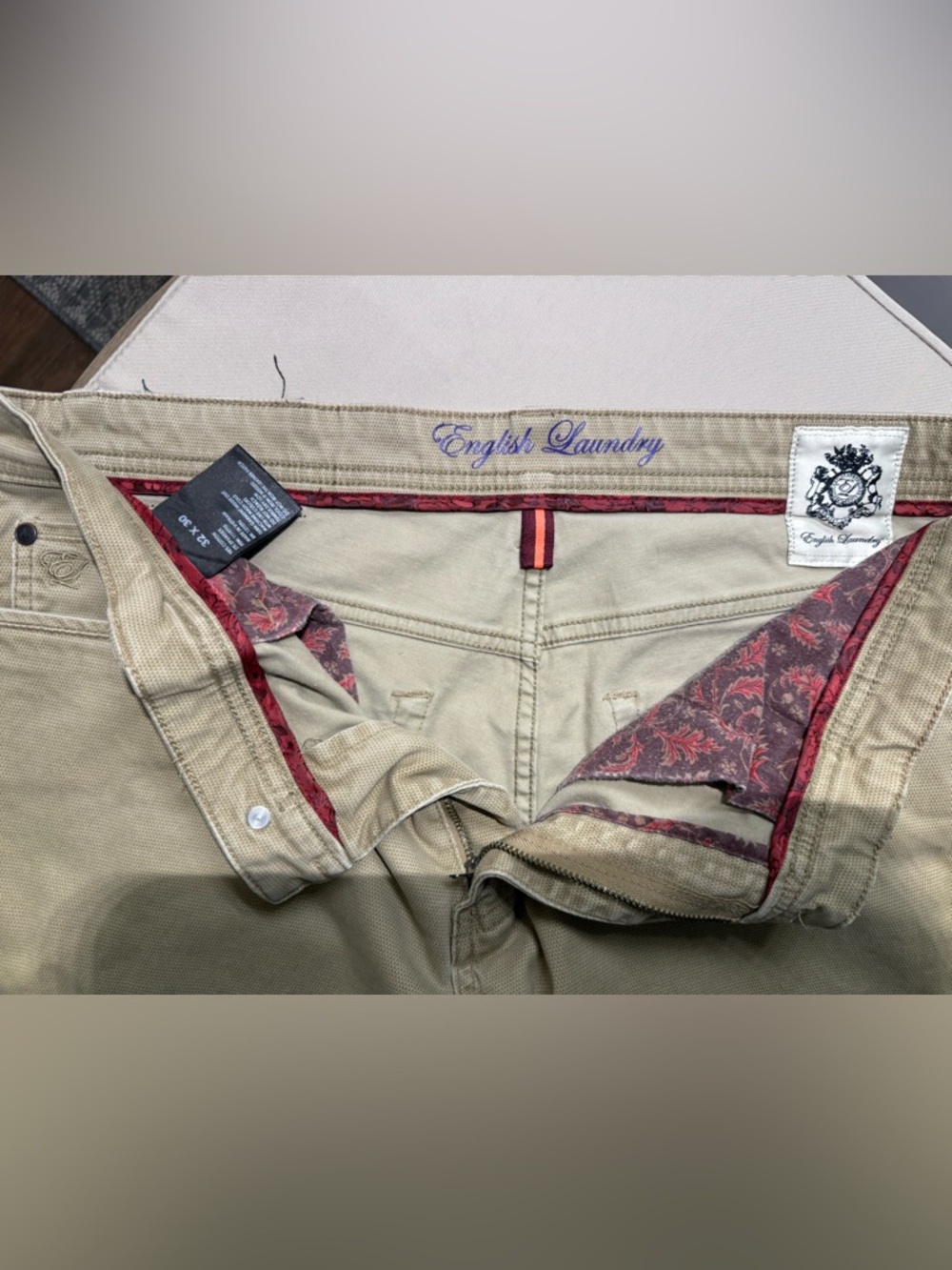 English Laundry Beige Khaki Pants with Red Paisley Trim